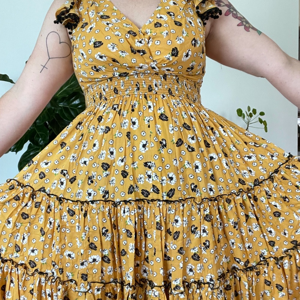 eShakti Ruffle Floral Dress with Pom-Pom sleeves